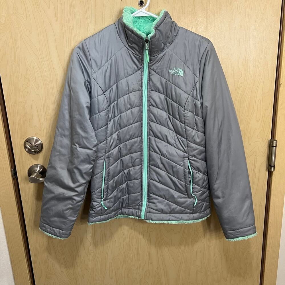 Small North Face Reversible Jacket Grey Exterior and Teal/ Mint Osito Full Zip